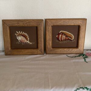 Vintage Sunset Stitchery Crewel Embroidered Seashell With Wooden Frames. Decor.